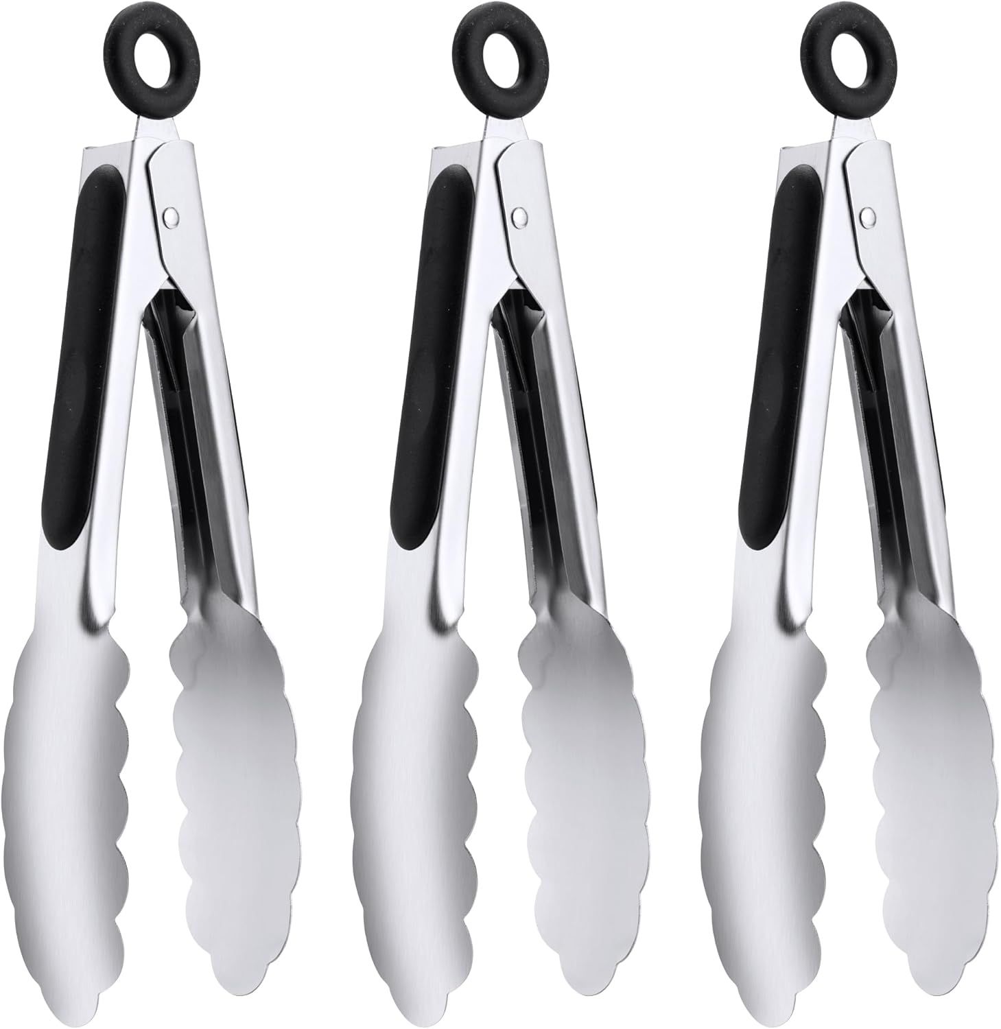 3 Pack 7 Inch Stainless Steel Kitchen Tongs Set, Small Serving Tongs with Lock for Salad, Cooking & Buffet (Black)