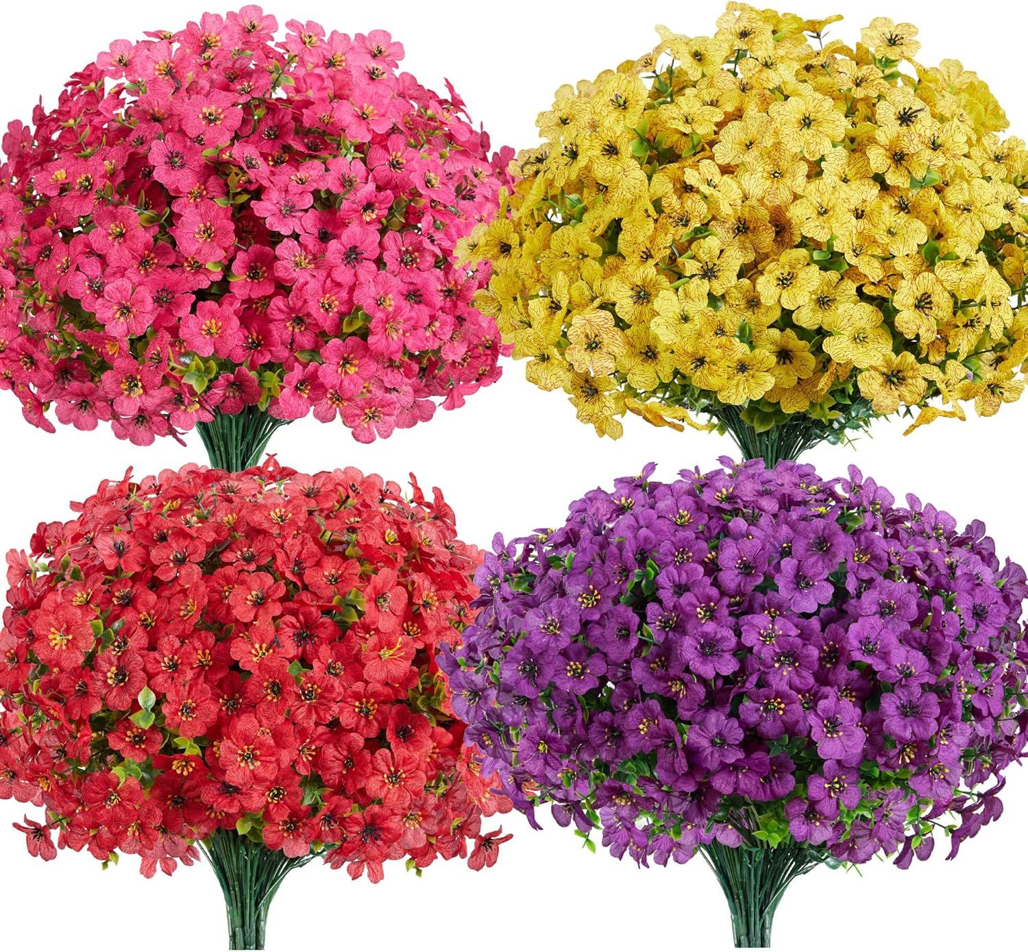 12 Bundles UV Resistant Artificial Violet Flowers with Eucalyptus Leaves for Outdoor Patio Garden & Indoor Home Decor (4 Colors)
