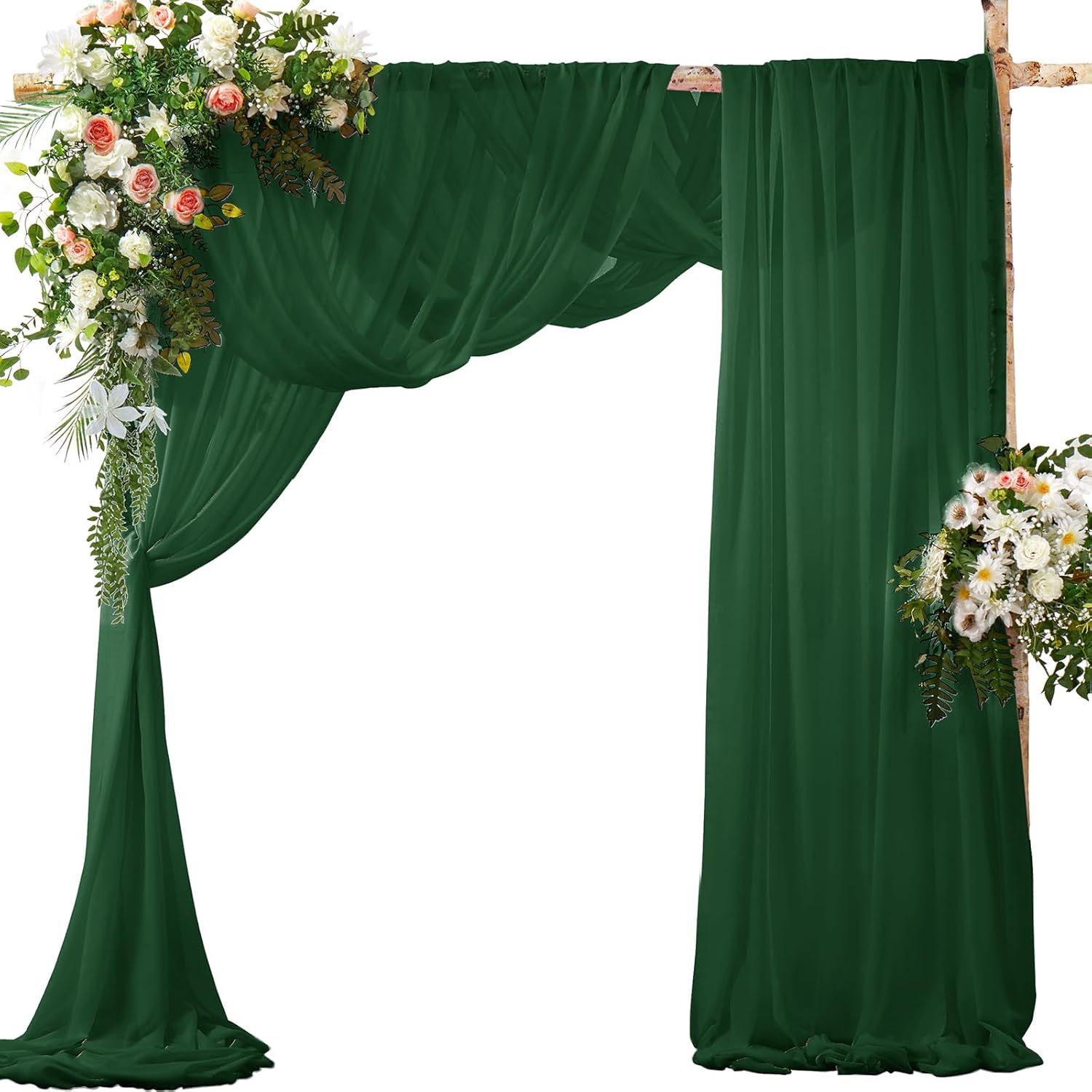2 Pack Elegant Chiffon Wedding Arch Draping Fabric Panels for Outdoor Ceremony Backdrop and Party Decoration (Emerald green)