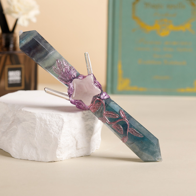 Handmade Crystal Wand Natural Stone Scepter Raw Gemstone Magic Wand Healing Tool Green Fluorite star pattern