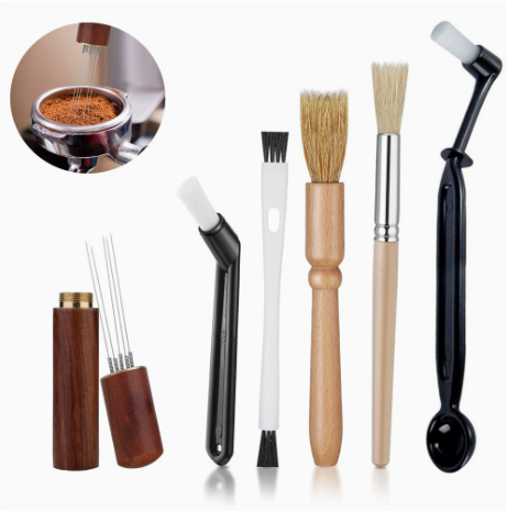 Professional Coffee Machine Cleaning Brush Set | 6-Piece Multi-functional Tool Kit | Includes Dosing Needle / Bent Cleaning Brush / Flat Cleaning Brush / Wooden Handle Cleaning Brush / Metal Handle Cleaning Brush / Bent Brush with Spoon | Suitable for dee