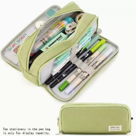 Large Capacity Pencil Case 3 Compartment Pouch Pen Bag for School Teen Girl Boy Men Women (Green)