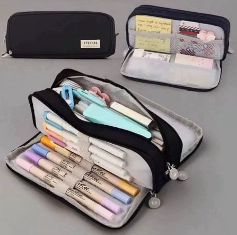 Large Capacity Pencil Case 3 Compartment Pouch Pen Bag for School Teen Girl Boy Men Women (Black)