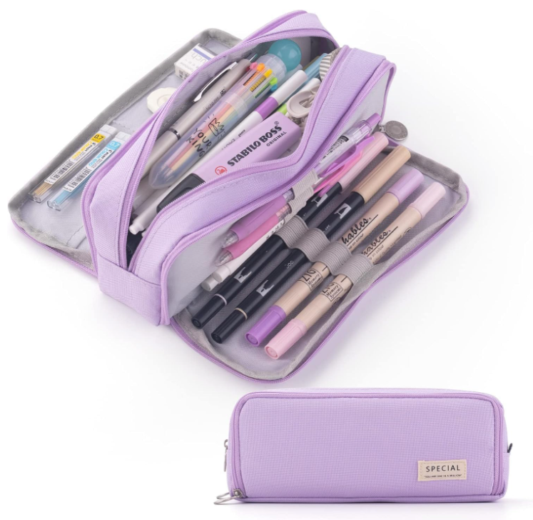 Large Capacity Pencil Case 3 Compartment Pouch Pen Bag for School Teen Girl Boy Men Women (Purple)