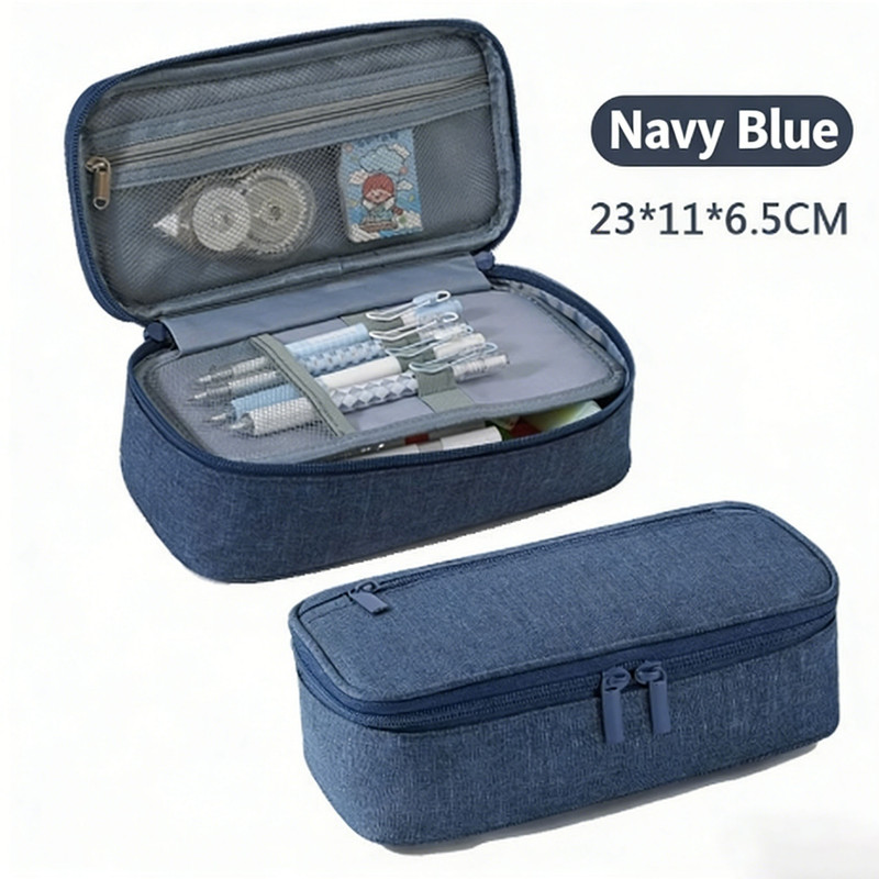 Pencil Case Pen Bag, Two Layers Big Capacity Pencil Pouch Pen Organizer Durable Stationery Holder for Marker Organization School Supplies Office Storage Desk Organizing –Navy blue
