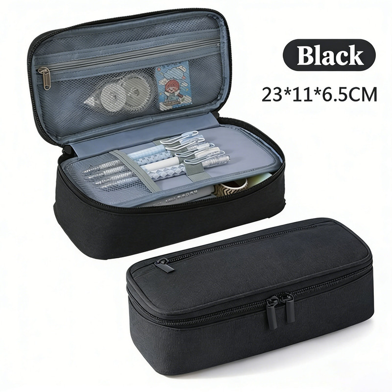Pencil Case Pen Bag, Two Layers Big Capacity Pencil Pouch Pen Organizer Durable Stationery Holder for Marker Organization School Supplies Office Storage Desk Organizing –Black