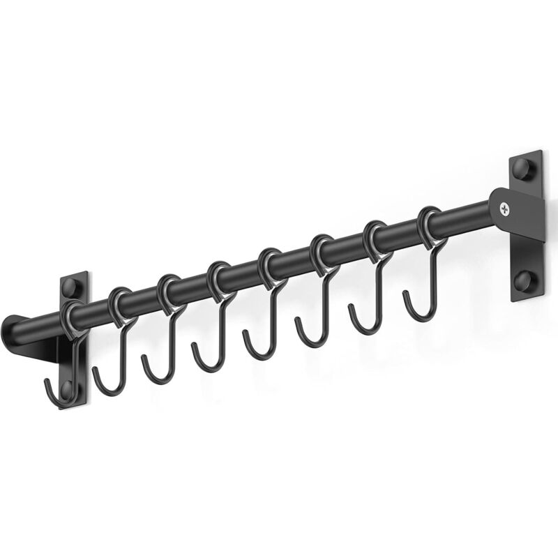 Wall Mounted Stainless Steel Utensil Holder With 8 Sliding Hooks For Kitchen And Bathroom (Black)