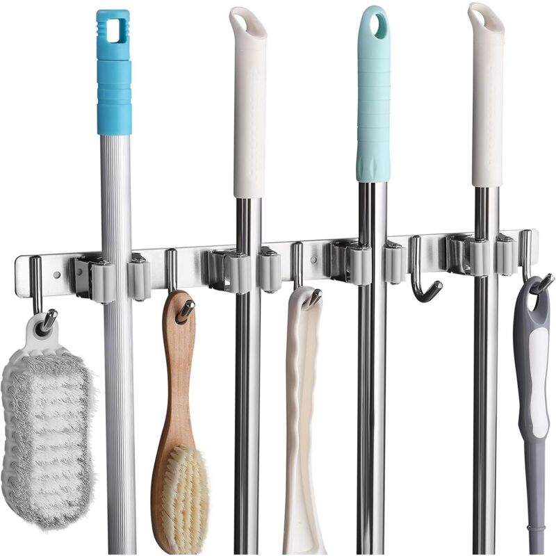 Stainless Steel Wall Mounted Broom Holder, Wall Mounted Broom Hanger With 4 Slots And 5 Hooks For Kitchen, Bathroom,