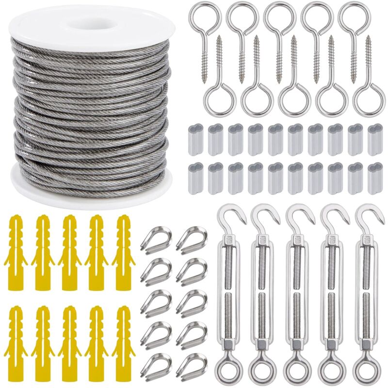 Wire ROpe Hanging Kit 2Mm Stainless Steel ROpe 30M With Turnbuckle Eye Screw Aluminum Sleeves Heart Thimble 56 pcs