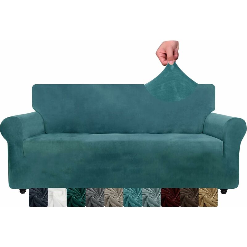Velvet Sofa Cover 3 Seater Thick Stretch Sofa Slipcovers (3 Seater, Peacock Blue)