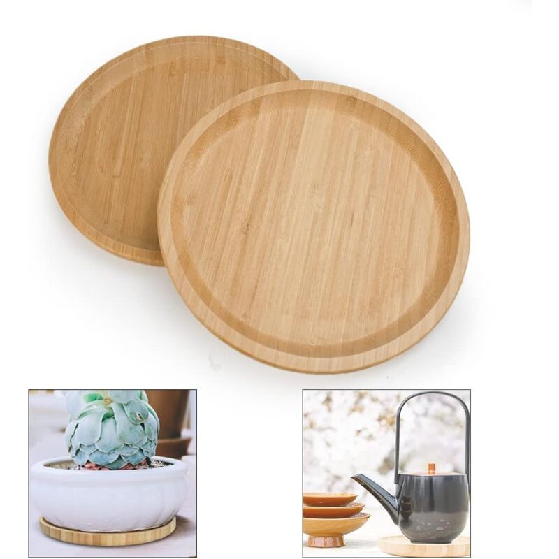 2 Piece Bamboo Saucers 20Cm ROund Bamboo Tray Bamboo Plant Saucer ROund Serving Tray Wooden Flower Pot Saucer For Cups,