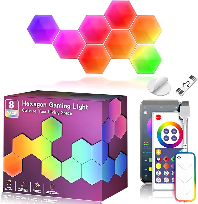 8 Pack Hexagon LED Wall Lights, Smart RGB Honeycomb Lights with APP & Voice Control, Music Sync Modular LED Panels for Gaming Room, Bedroom & Home Theater Decor
