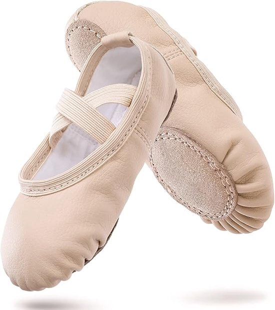 Women's Ballet Shoes – Ballet Shoes for Girls – Beige – Soft PU Leather Dance Shoes with Non-Slip Sole – Suitable for Ballet, Yoga & Home Use – For 3 UK