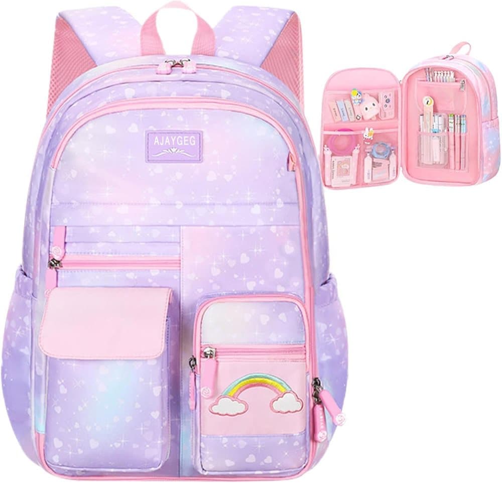 Waterproof Kawaii School Backpack for Girls with Reflective Strap, Purple, Compatible with Children and Teenage Girls