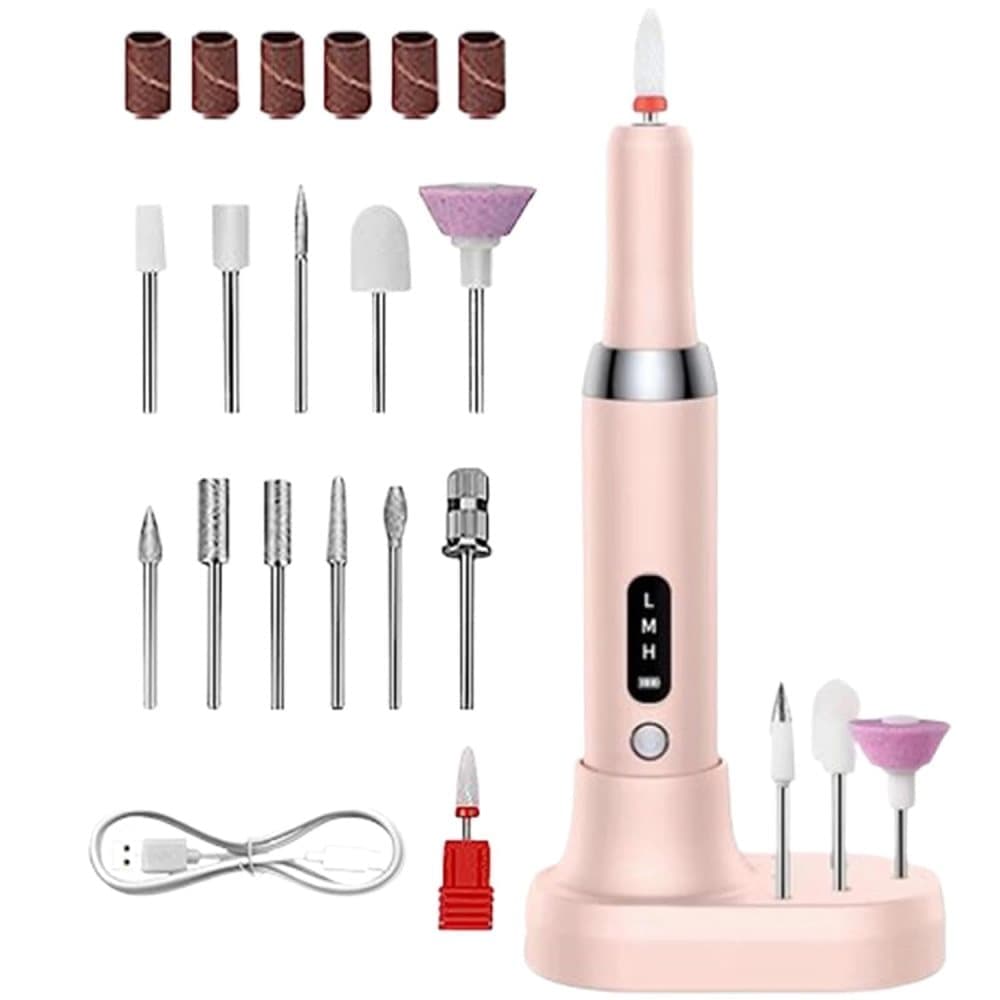 Electric Nail File Rechargeable with 12 Grinding Heads, Adjustable Speed 15000RPM, Pink
