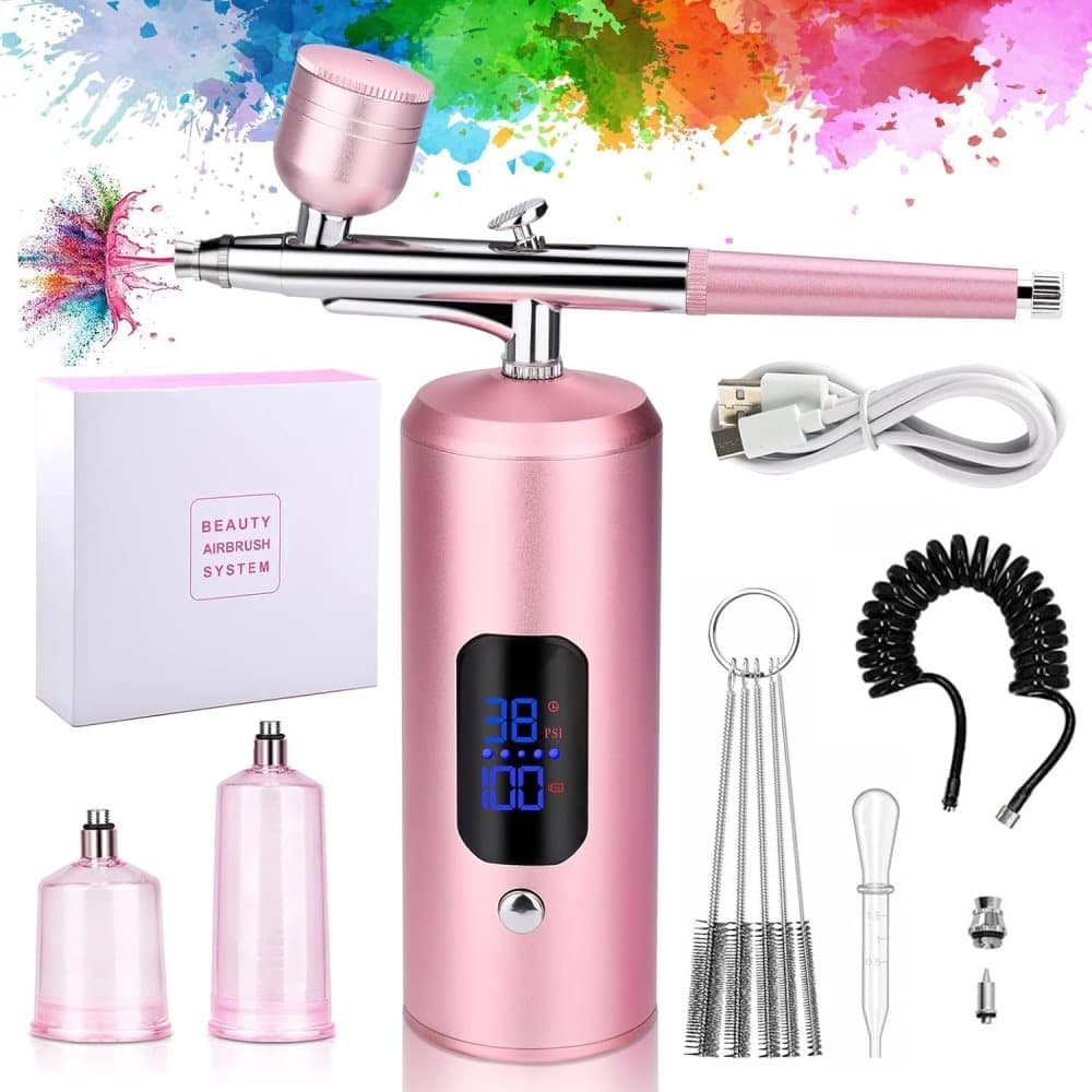 Wireless Airbrush Machine with USB Charging 3 Speed Modes for Nail Art Cake Decorating and Painting, Pink