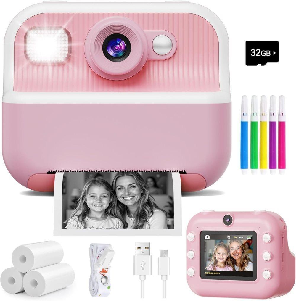 1 Children's Digital Camera with Instant Printing 1080P HD 2.4-inch Screen, Pink, Includes Paper and 32GB Card for Ages 3-12