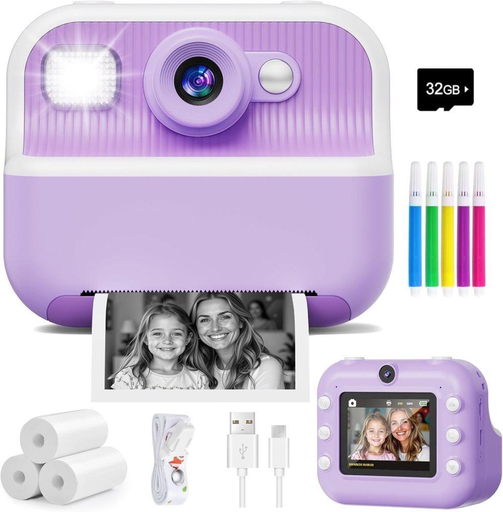 32GB Kids Digital Camera with 1080P HD and Instant Printing, 2.4-Inch Screen, Includes Paper, for Ages 3-12, Purple