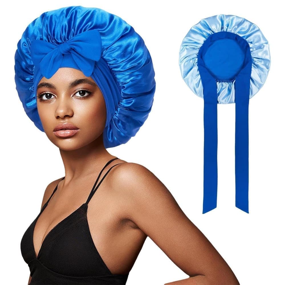 Silky Satin Sleeping Cap for Women and Girls, Double Layered Hair Protection, Adjustable Fit, Blue