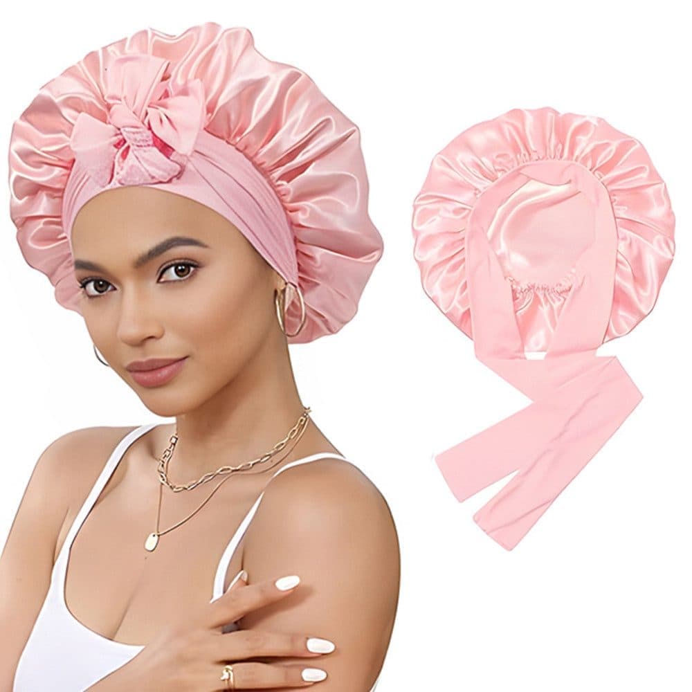 Silky Satin Sleeping Cap for Women and Girls, Pink, Double Layered Hair Protection Cap with Adjustable Fit