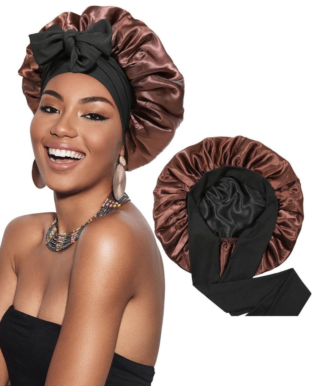 Silky Satin Sleeping Cap for Women and Girls, Double Layer Hair Protection, Adjustable Fit, Coffee