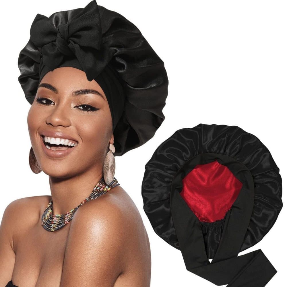 Silky Satin Sleeping Cap for Women and Girls, Double Layered Hair Protection Cap with Adjustable Fit, Black