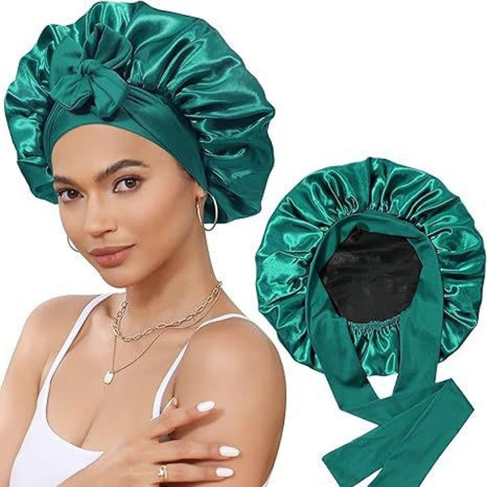 Silky Satin Sleeping Cap for Women and Girls, Double Layered Hair Protection, Adjustable Fit, Dark Green