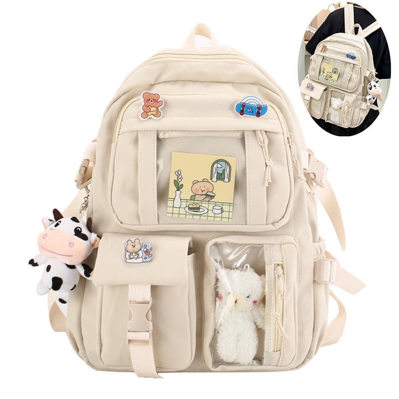 Kids School Backpack with Accessories, 43x31 cm, for Children and Teens, Beige