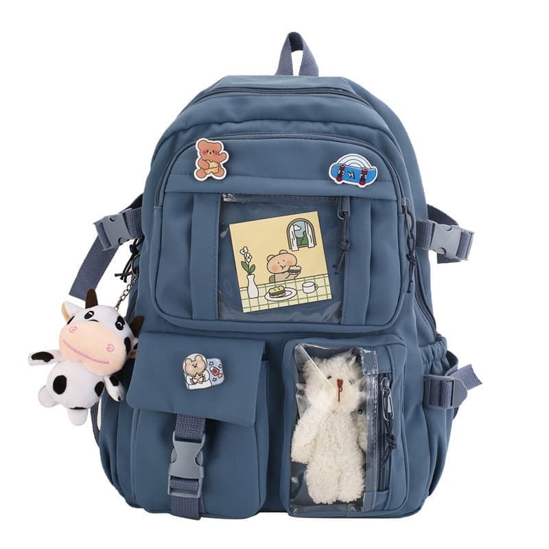 Blue Cute School Backpack for Girls Waterproof with Accessories and Plush Pendant, Ideal for School and Travel