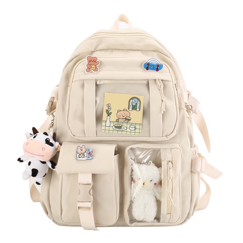 Cute Waterproof School Backpack for Girls with Accessories and Plush Pendant, Ideal for School and Travel, Beige