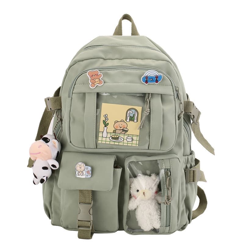 School Backpack Cute Waterproof for Girls with Accessories and Plush Pendant, Green
