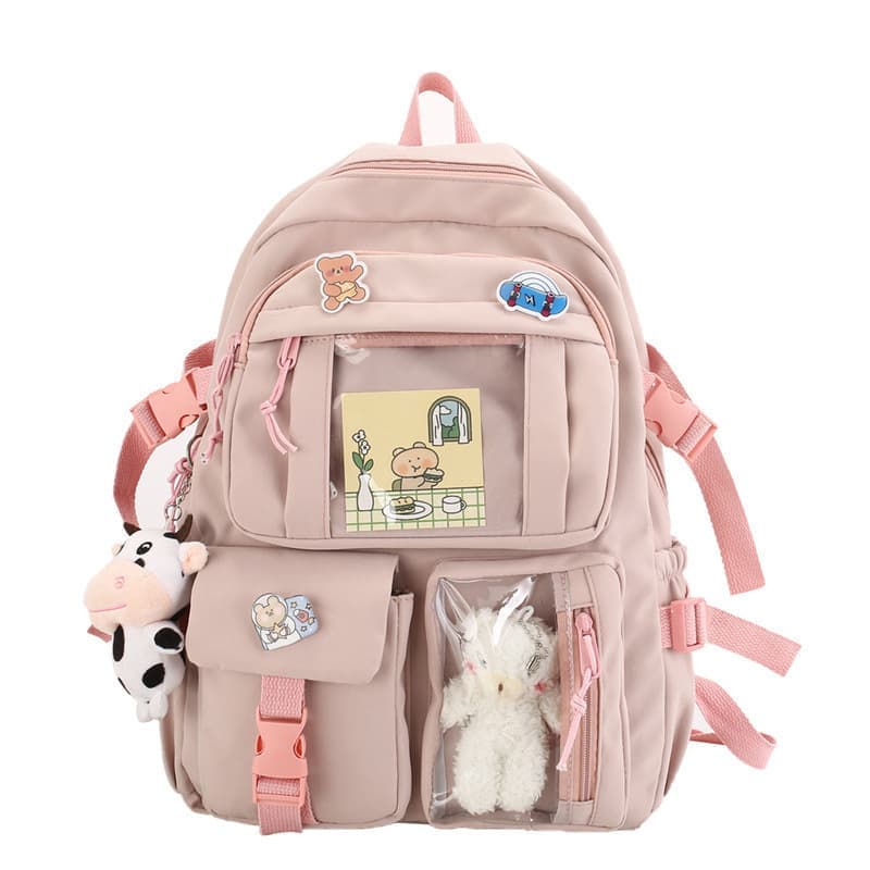 Girls Waterproof School Backpack with Accessories and Plush Pendant, Ideal for School and Travel, Pink