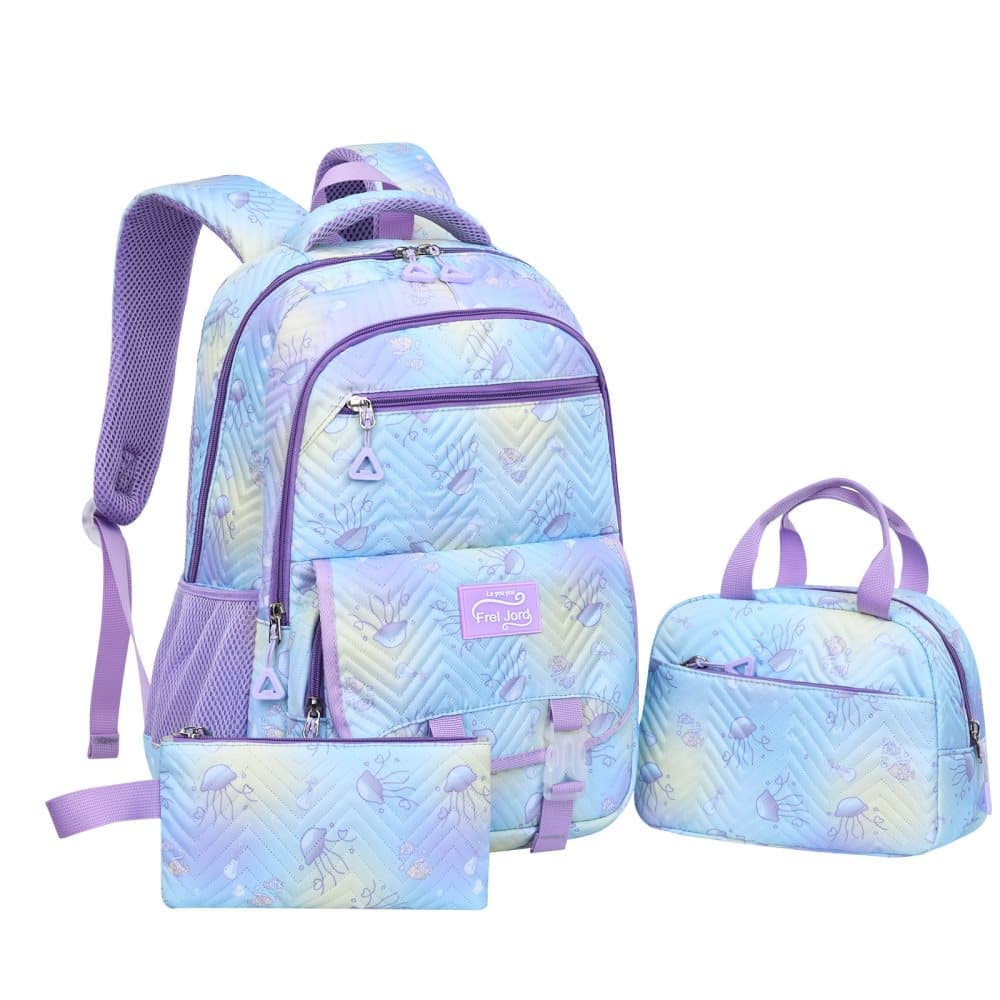 3-Piece Girls Backpack Set with Pencil Case and Lunch Bag, Blue, for Elementary & Teenage Students