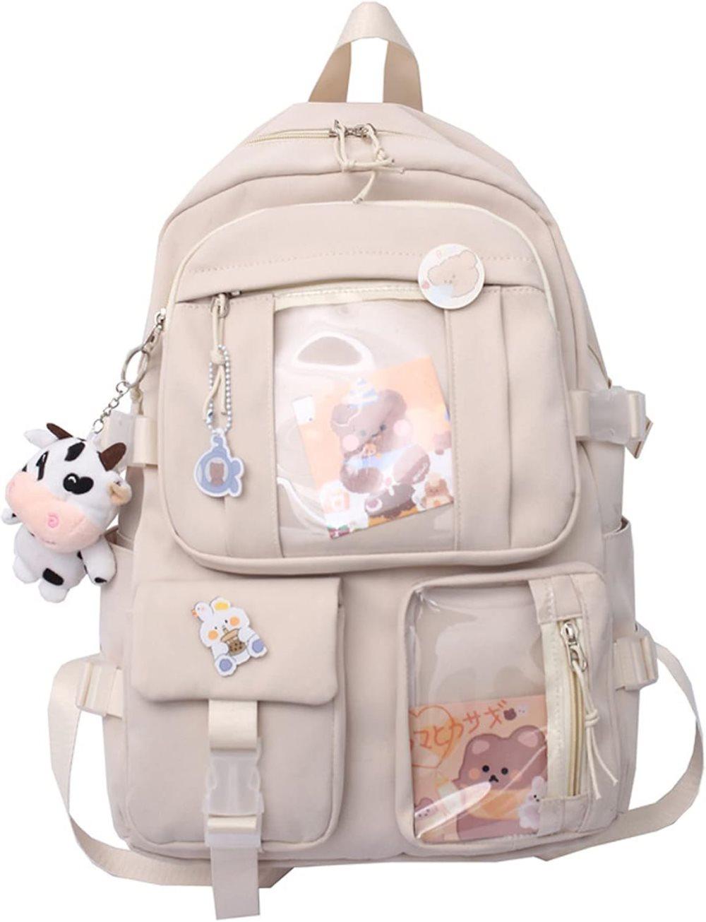 1 Children's Cute Beige Backpack with Pins and Plush Pendant, Waterproof School Travel Backpack for Girls