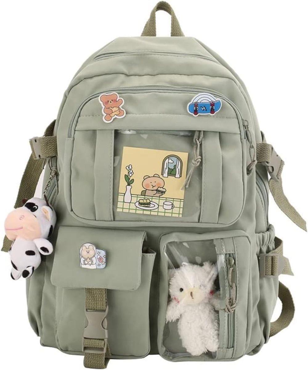 1 Children's Cute Backpack with Pins and Plush Pendant, Green, Waterproof School Backpack for Girls