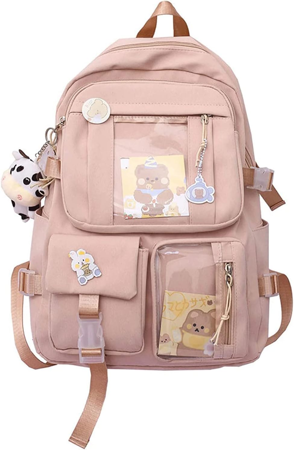 Pink Children Backpack with Pins and Plush Pendant, Spacious Waterproof School Travel Backpack for Girls
