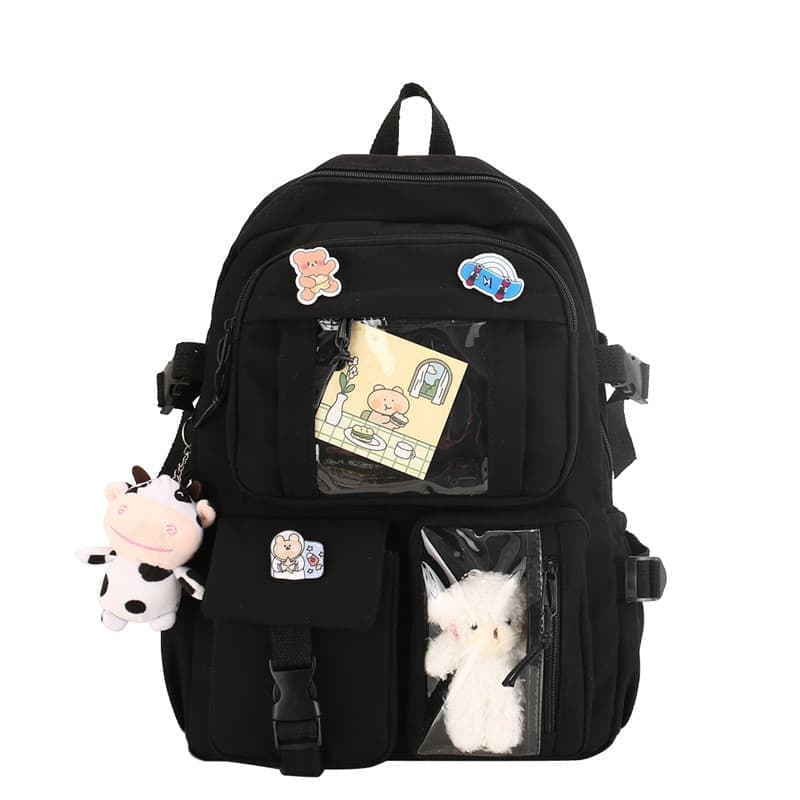 1 Black Children's Cute Backpack with Pins and Plush Pendant, School Travel Backpack for Girls, Waterproof