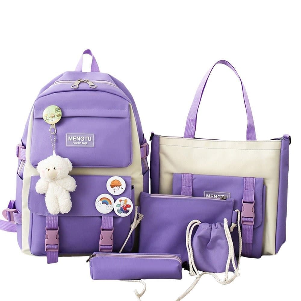 5-Piece Purple School Backpack Set for Students and Teenagers, Compatible with Travel