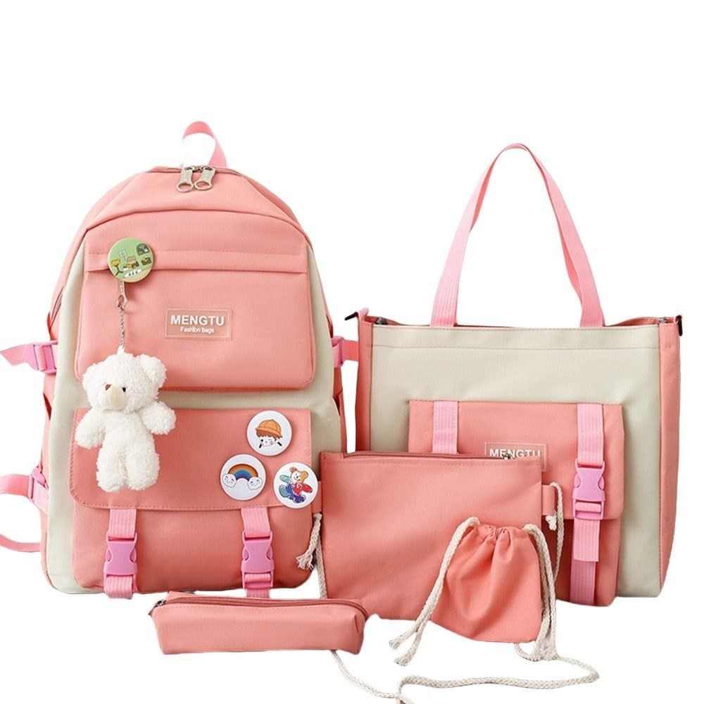 5-Piece Pink School Backpack Set for Students and Teenagers, with Pencil Case and Accessories