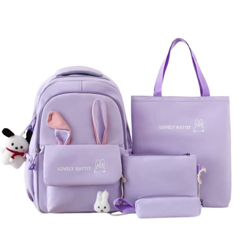 Cute Rabbit Ears School Backpack for Girls 4-Piece, Large Space with Multiple Compartments, Purple
