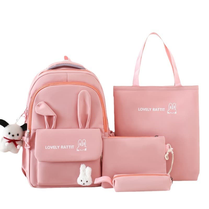 Cute Rabbit Ears School Backpack for Girls 4-Piece with Multiple Compartments Large Space, Pink, Compatible with Teenage & High School