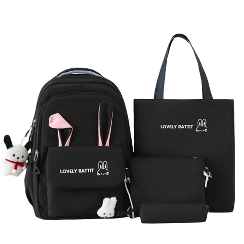 Cute Rabbit Ears Backpack for School Girls, 4-Piece, Large Space with Multiple Compartments, Black