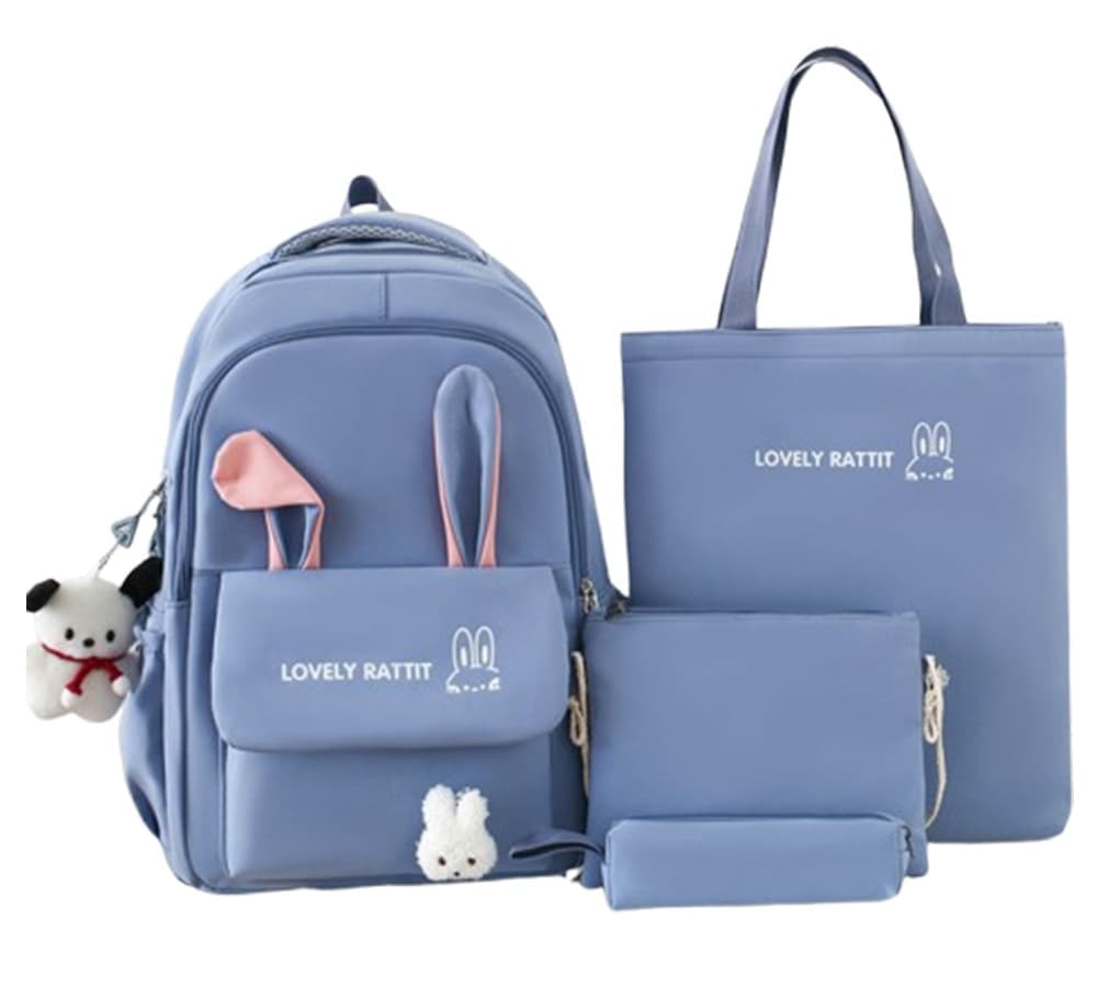 Cute Rabbit Ears School Backpack for Girls 4-Piece, Large Space Multiple Compartments, Blue, with Oral-B