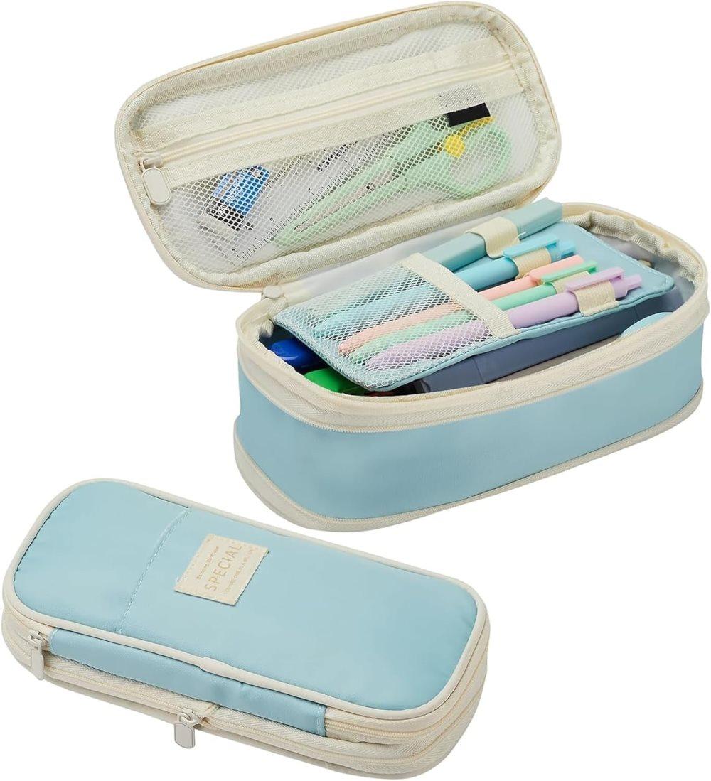 Blue Foldable Multifunctional Zipper Pencil Case, Large Capacity Travel Organizer