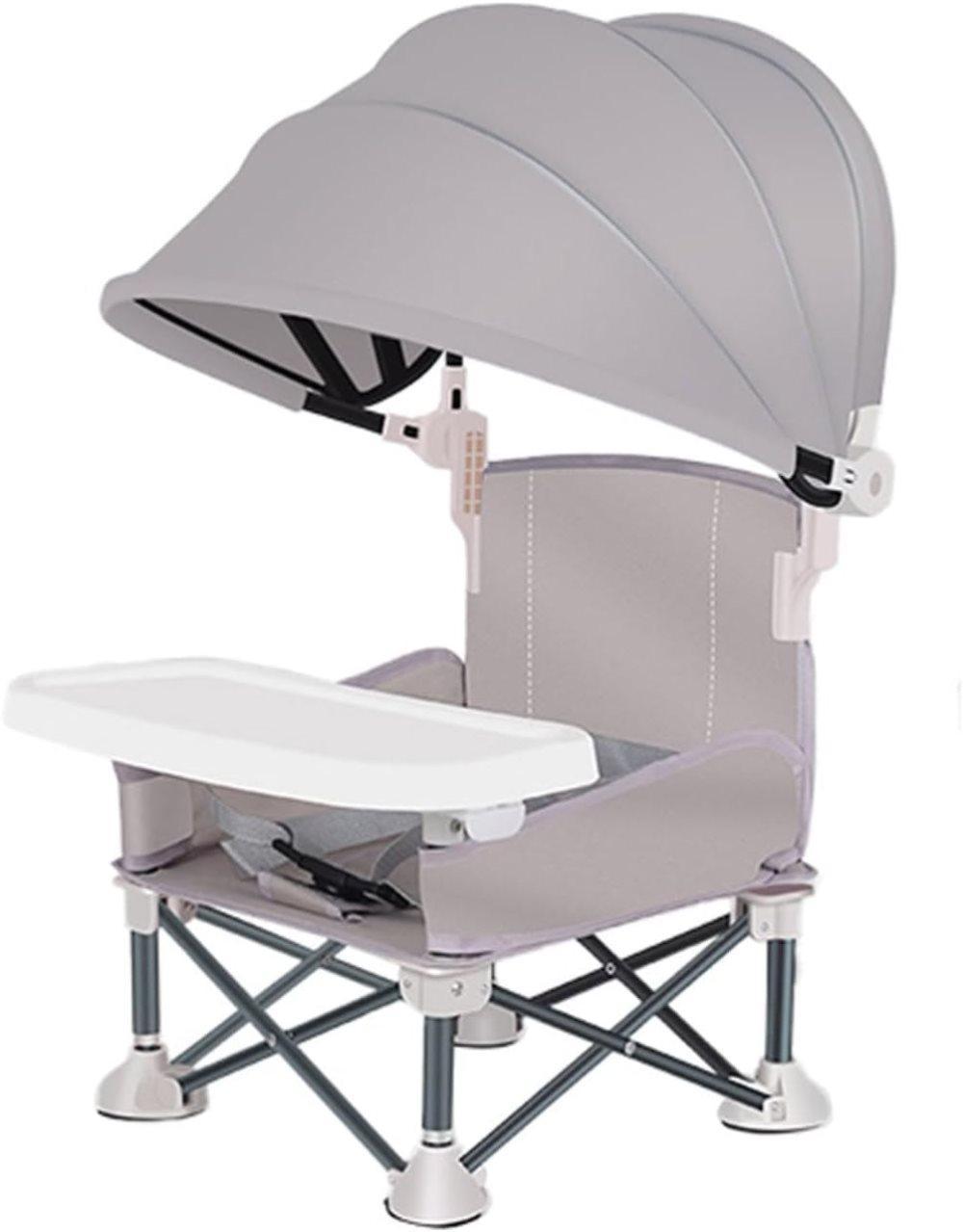 Foldable Highchair for Children with Sunshade and Removable Food Tray, Portable, Gray