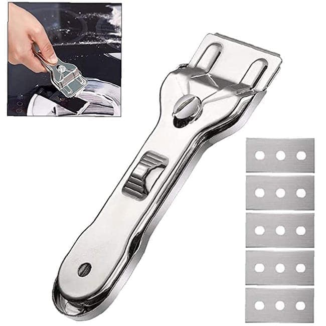 Glass scraper with 5 replaceable blades for effective cleaning, compatible with glass hobs