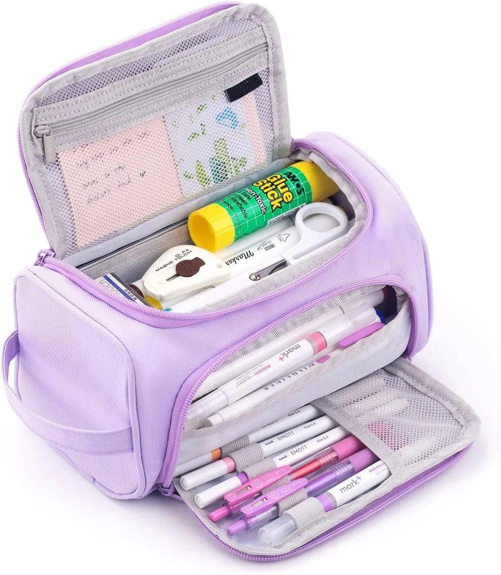 3-Layer School Pencil Case Multifunctional Spacious Pencil Bag for Pens and Stationery, Light Purple