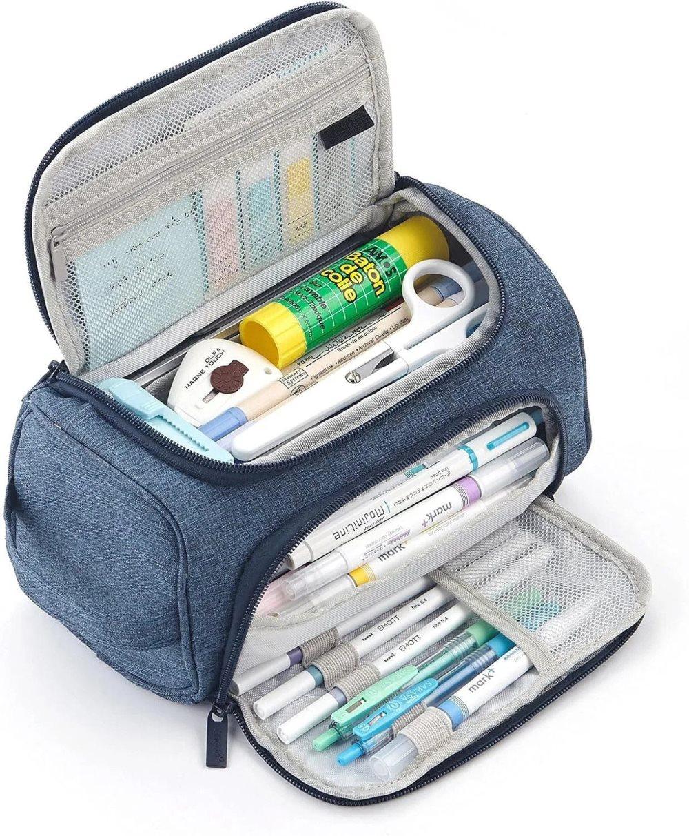 3-Layer School Pencil Case, Dark Blue Multifunctional Pencil Bag with Spacious Design for Pens and Pencils