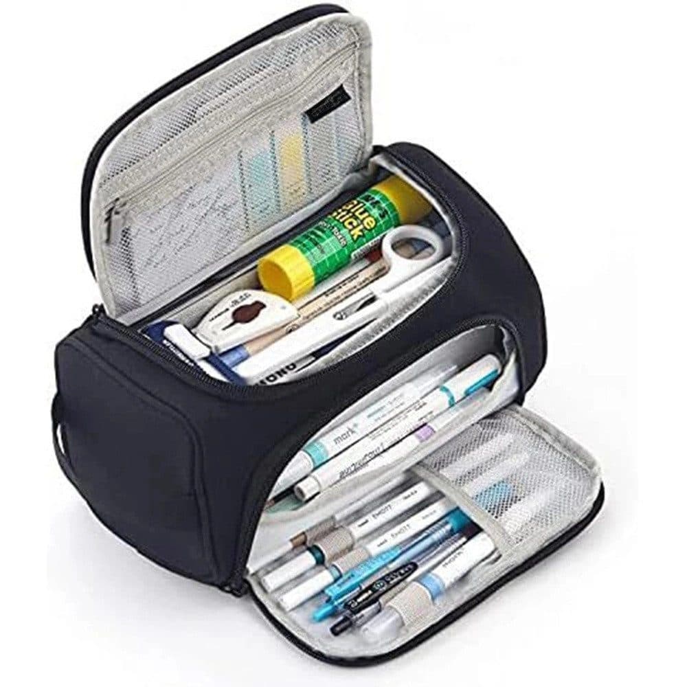 3-Layer School Pencil Case, Black, Multifunctional Spacious Pencil Bag for Pens and Stationery
