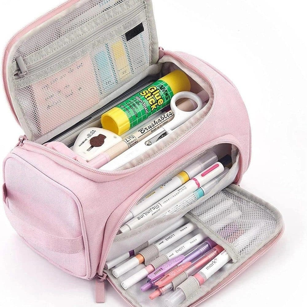 3 Layer School Pencil Case Pink, Multifunctional Spacious Pencil Bag for Pens and Stationery